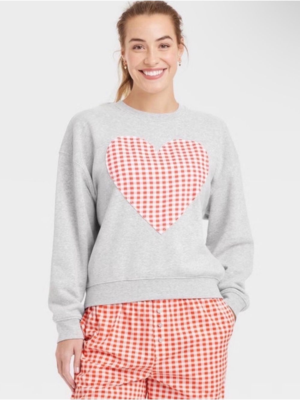 Grayson Thread Women’s Heart Pullover Sweatshirt with Red Gingham Heart Gray M